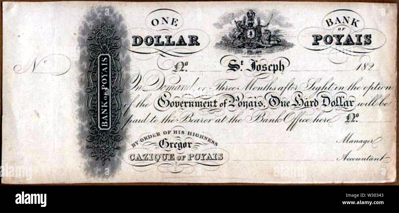 Eine "Harte Währung" Poyais Banknote Stockfoto