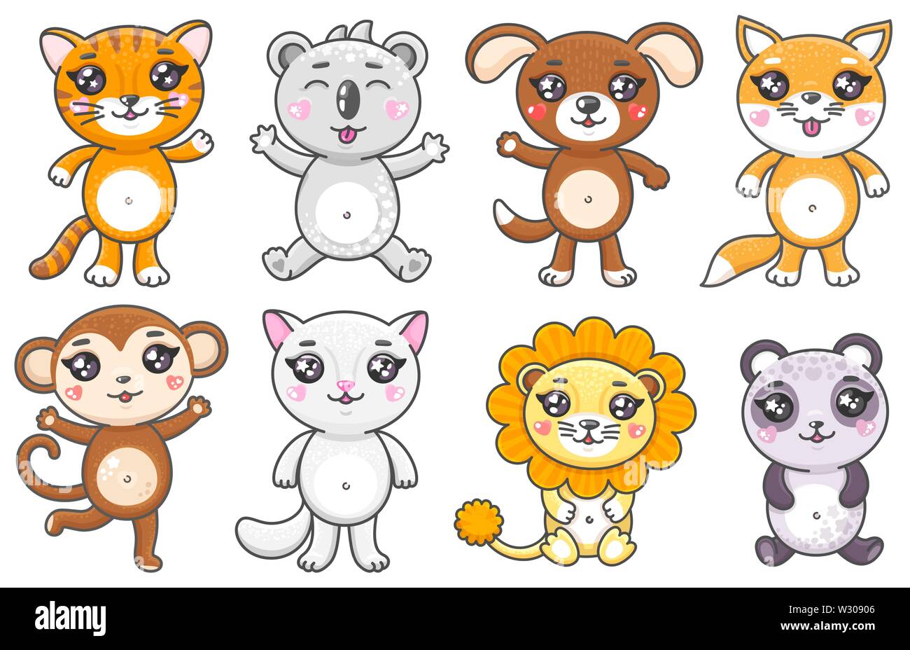 Satz von cute Cartoon Tiere. Smiling baby Animas in kawaii Stil auf weißem Hintergrund. Stock Vektor