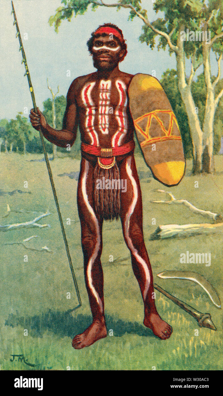 Ein australischer Aborigines in voller Kriegsbemalung. Nach einer Arbeit von J. Macfarlane. Von einer zeitgenössischen Drucken, c 1935. Stockfoto