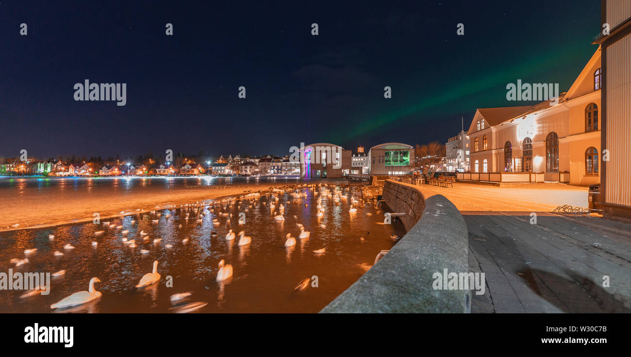 Die Reykjavik Teich, Winter Lights Festival, Reykjavik, Island Stockfoto
