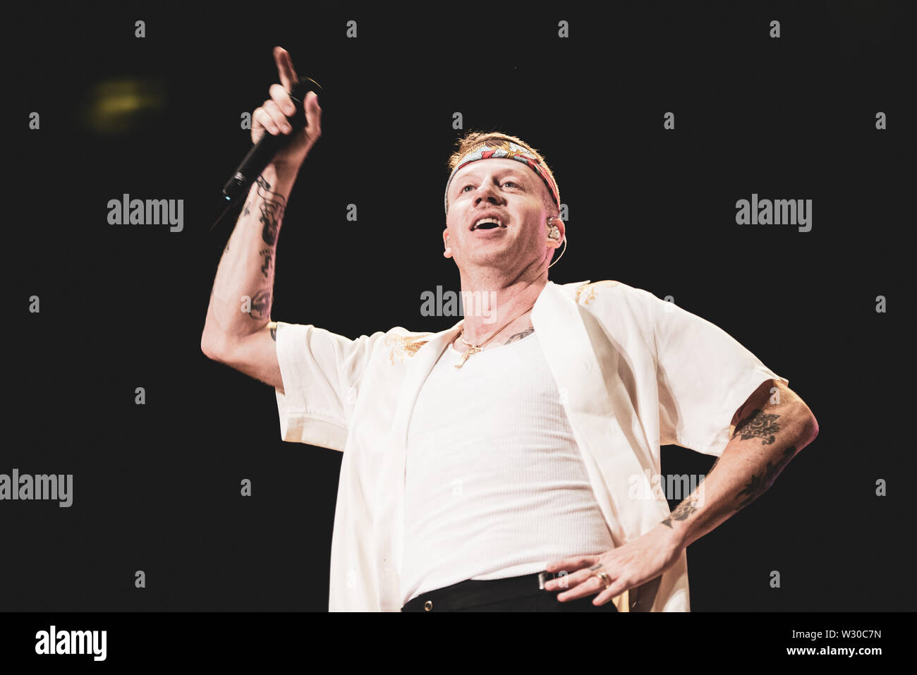 Der amerikanische Rapper und Songwriter Macklemore live auf der Bühne für seine italienischen Tour in Barolo, an der Collisioni Festival 2019 Stockfoto