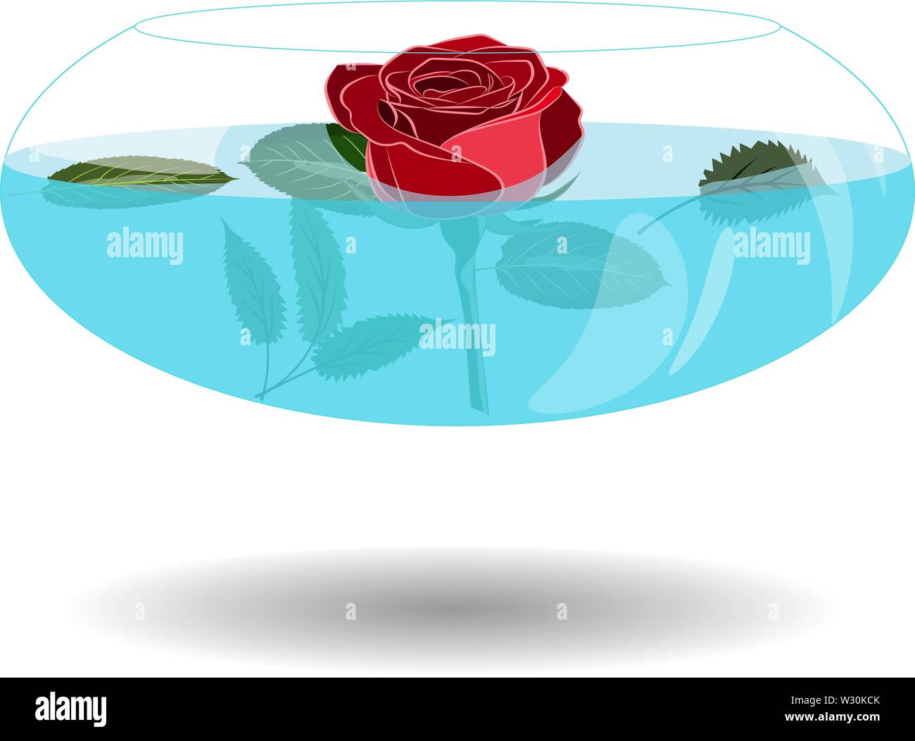 Scarlet Rose in einer Vase mit Wasser. Vector Illustration schöne Rose in Nizza transparente Schüssel mit Wasser. Single Rose In Vase für die Begrüßung Stock Vektor