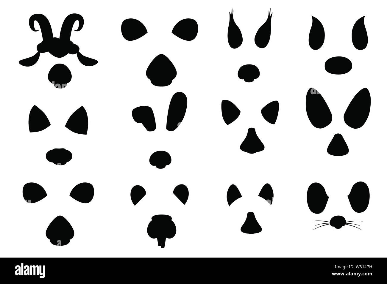 Schwarze silhouette Tier Gesicht Elemente cartoon flache Design Ohren und Nasen Vector Illustration auf weißem Hintergrund. Stock Vektor