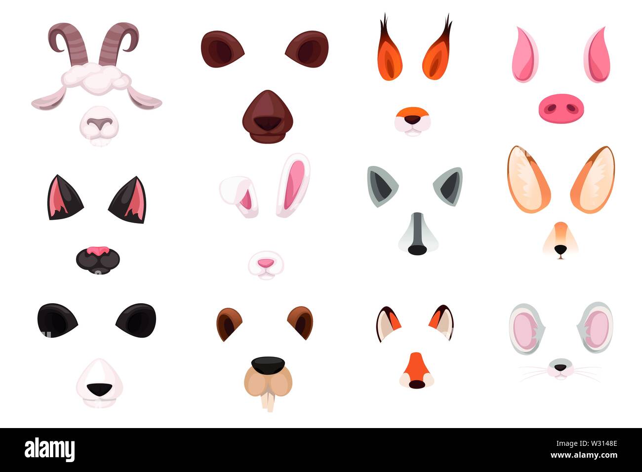 Tier Gesicht Elemente cartoon flache Design Ohren und Nasen Vector Illustration auf weißem Hintergrund. Stock Vektor