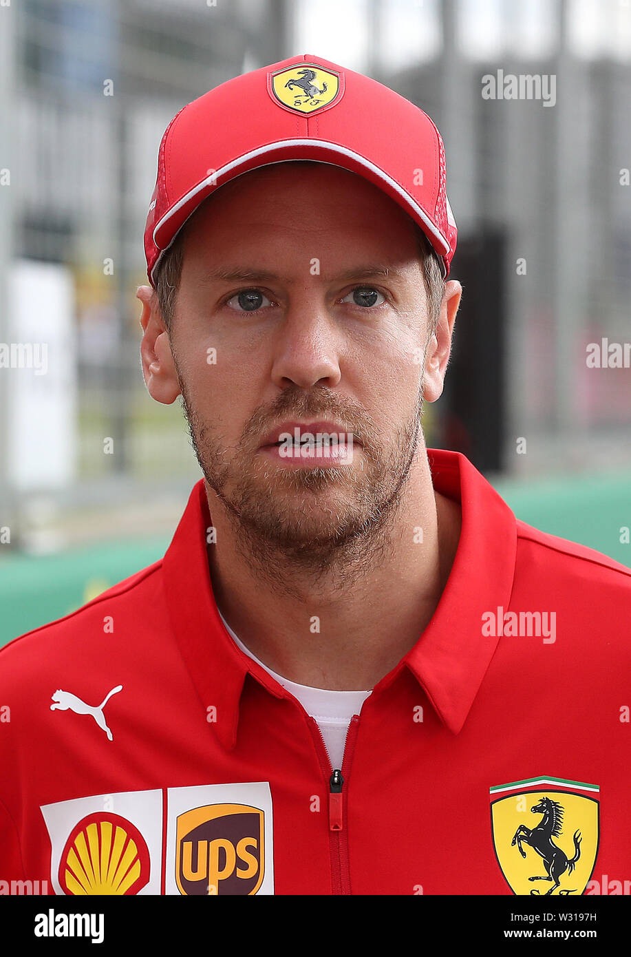 Ferrari Fahrer Sebastian Vettel, während eine Vorschau Tag für den Britischen Grand Prix in Silverstone, Towcester. Stockfoto