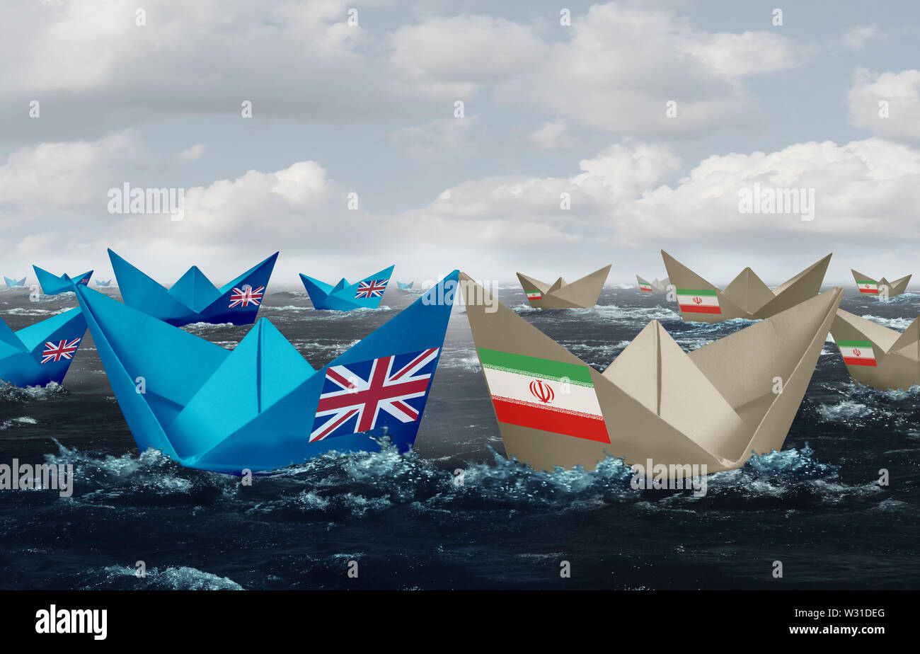 Großbritannien und Iran Konfrontation im Persischen Golf als eine Krise im Nahen Osten als Großbritannien gegen die iranische Regierung. Stockfoto
