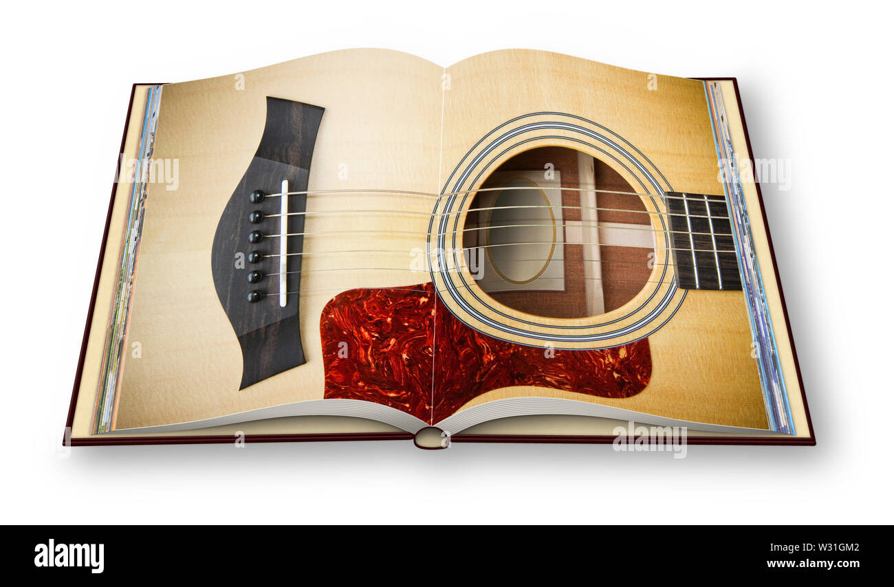 3D-Render eines hölzernen Akustik Gitarre an öffnete Fotobuch auf weißem Hintergrund Stockfoto