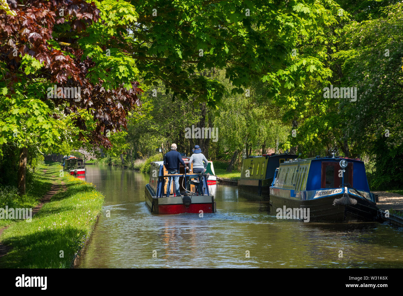 Boote auf dem Kanal Llangollen Canal in der Nähe von Lyneal, Shropshire. Stockfoto