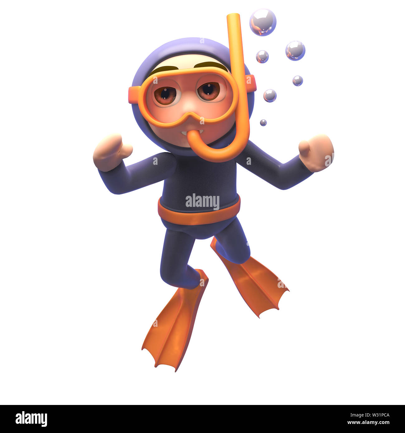 Ein gerendertes Bild von einem Cartoon 3d scuba Snorkel diver Charakter schwimmt unter Wasser Stockfoto