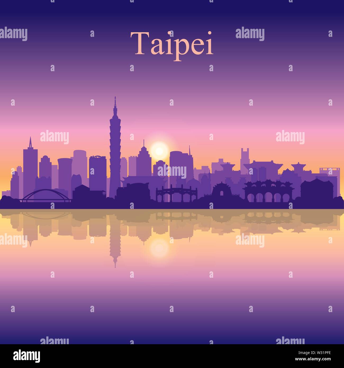 Taipei City Silhouette am Sonnenuntergang Hintergrund Vector Illustration Stock Vektor