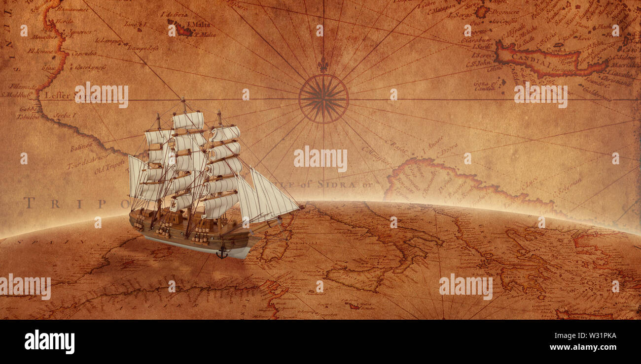 Alte Segelschiff auf einem alten Weltkarte. Konzept der Meer Abenteuer Expedition. Stockfoto