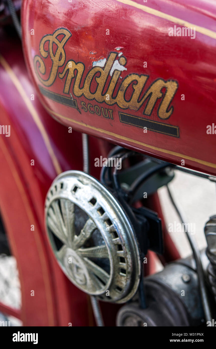 Detail einer alten indischen Scout American Motorcycle Stockfoto
