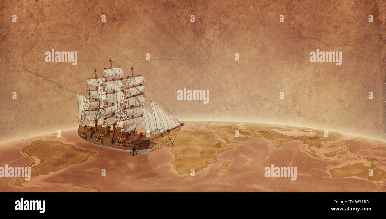 Schiff auf dem Globus Konzept mit alten Karte Papier im Hintergrund. Reisen Sie durch den Ozean. Freier Platz für Text. Stockfoto