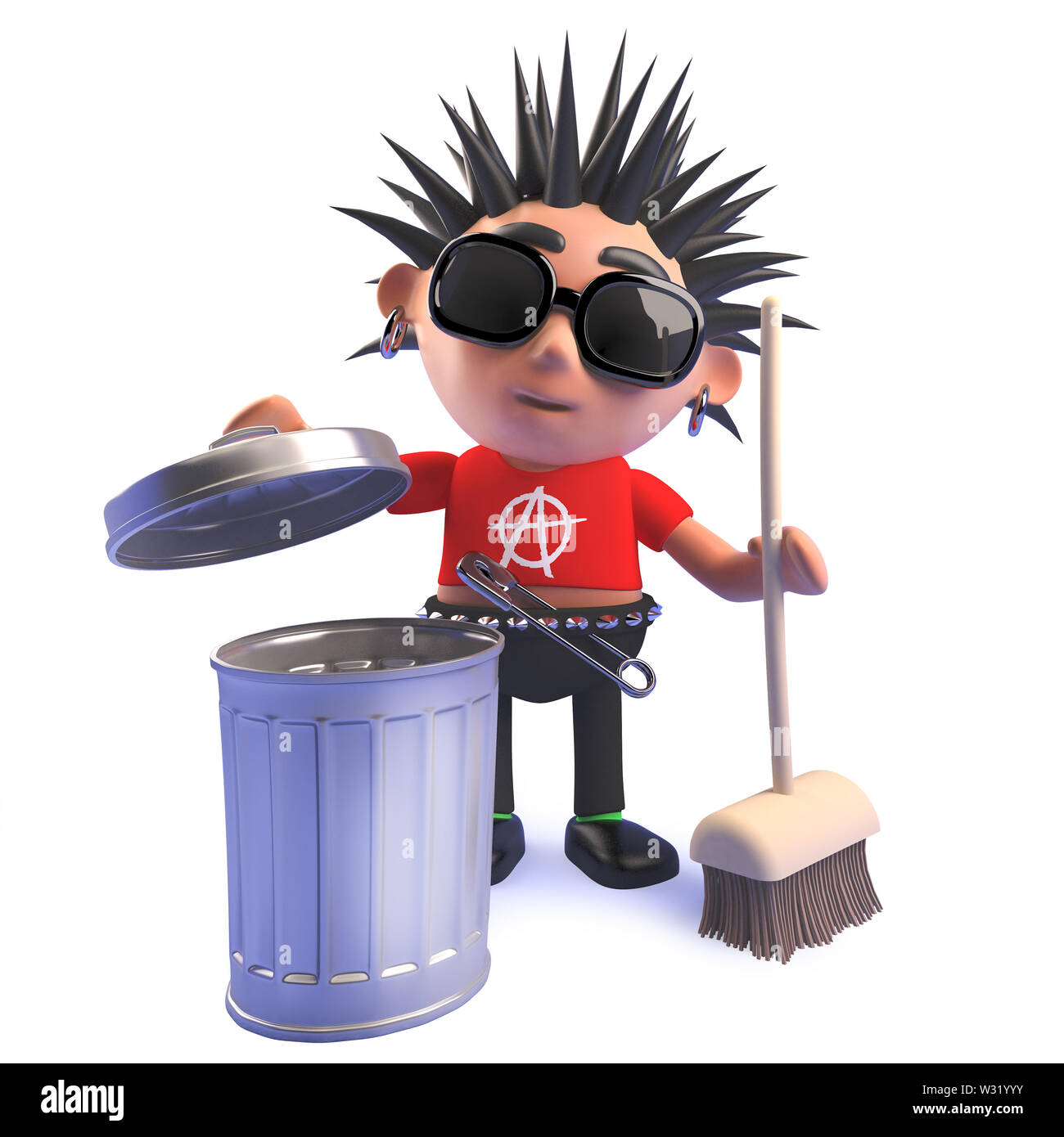 Das gerenderte Bild von einem Cartoon Punk Rocker in 3d die Reinigung mit einem Besen und den Papierkorb. Stockfoto