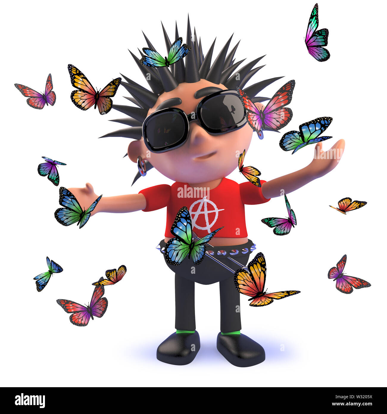 Bild in 3D von einem Cartoon Punk Rocker umgeben von Schmetterlingen gerendert Stockfoto