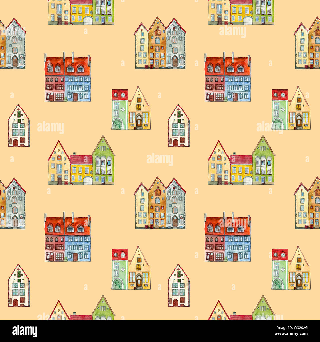 Nahtlose Muster von Aquarell Hand gezeichnet alte mittelalterliche Häuser, Europäische Altstadt Straße vew. Design für Tapeten, Hintergründe, Verpackung. Stockfoto Nahtlose Muster von Aquarell Hand gezeichnet alte mittelalterliche Häuser, Europäische Altstadt Straße vew. Design für Tapeten, Hintergründe, Verpackung. Stockfoto