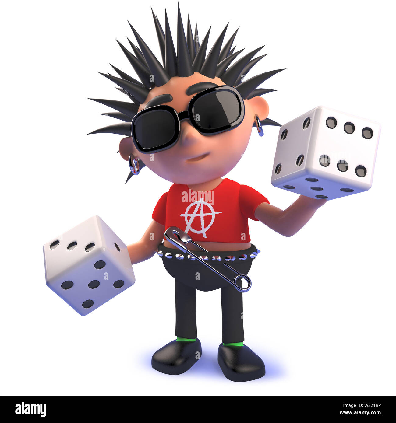 Gerenderten 3D-Bild von einem Cartoon 3d-Teufelskreis Punk Rocker halten ein Paar Würfel Stockfoto