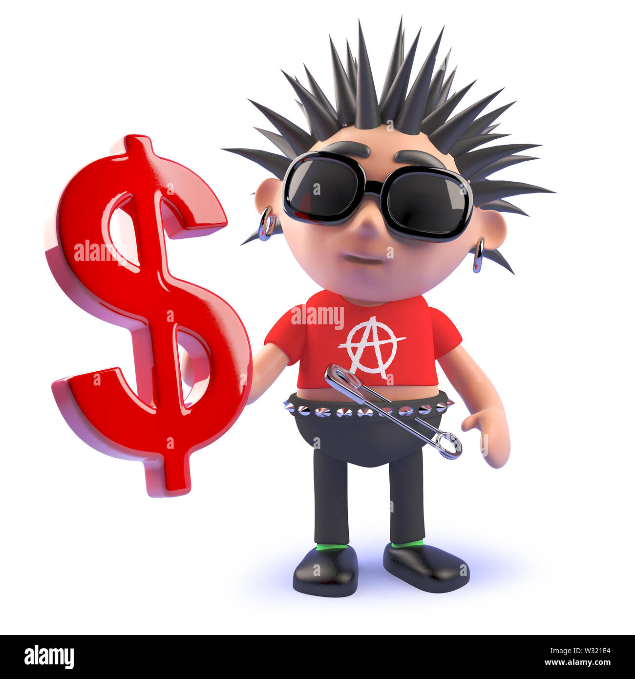 Das gerenderte Bild eines schändlichen Punk Rock Charakter mit einem US Dollar Währung Symbol, 3 Abbildung d Stockfoto