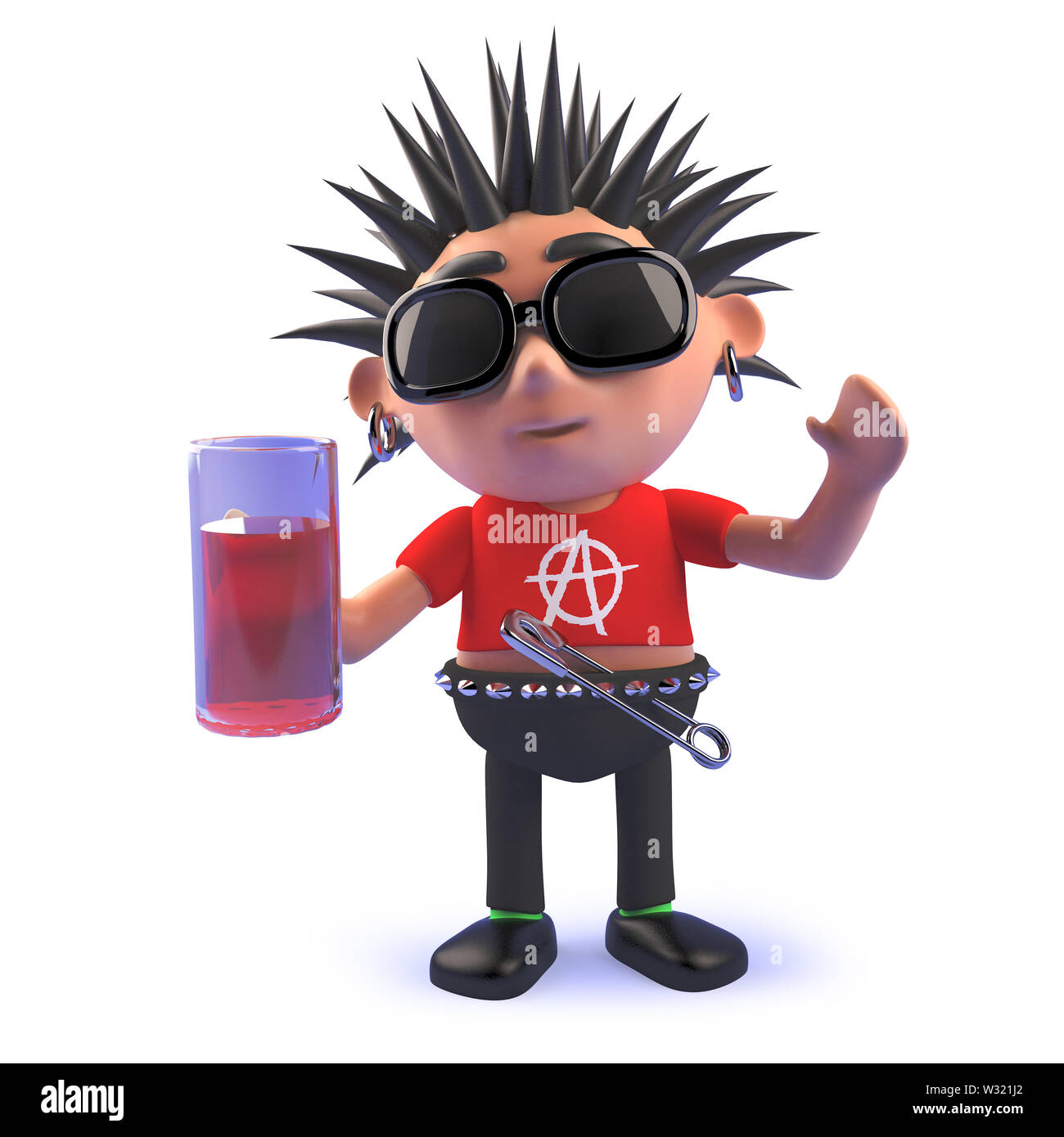 Bild in 3D von einem Cartoon Teufelskreis Punk Rocker Charakter in 3d trinkt ein Pint Lager gerendert Stockfoto