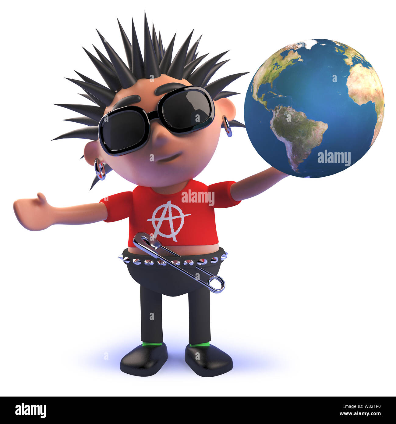 Bild in 3d eines schändlichen Punk Rock cartoon Charakter in 3d Holding eine Kugel der Erde erzeugt Stockfoto