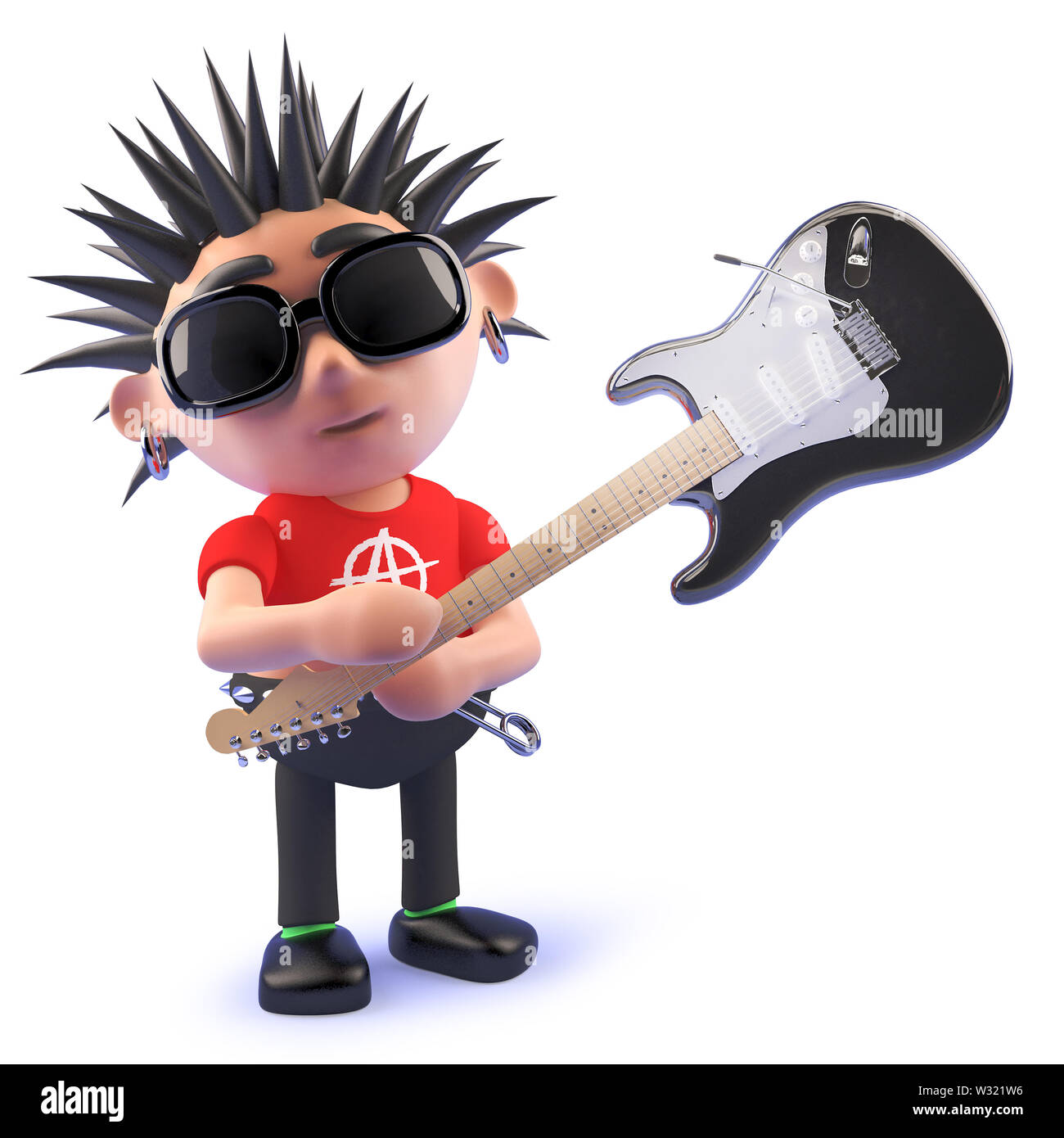 Ein gerendertes Bild von einem Cartoon Punk Rocker smashing eine elektrische Gitarre, 3D-Darstellung Stockfoto