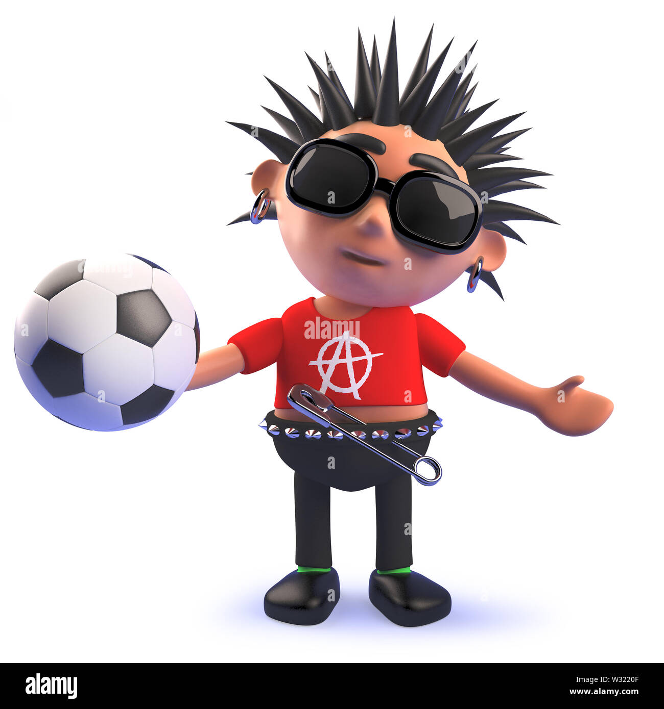 Das gerenderte Bild eines 3D-cartoon Teufelskreis punk rock Charakter Holding ein Fußball Stockfoto