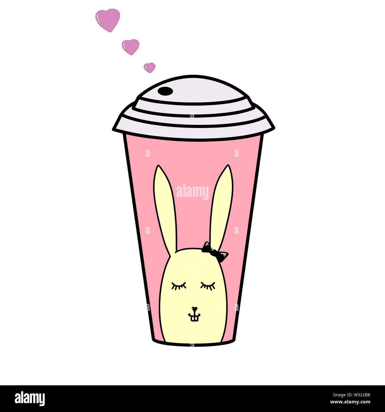 Tasse Kaffee mit rosa Herzen, gelbe Kaninchen, schwarze Fliege. Vektor Papier Tasse Tee. Kunststoff heiße Getränke Glas. Container Saft in Rosa zum Mitnehmen Stockfoto