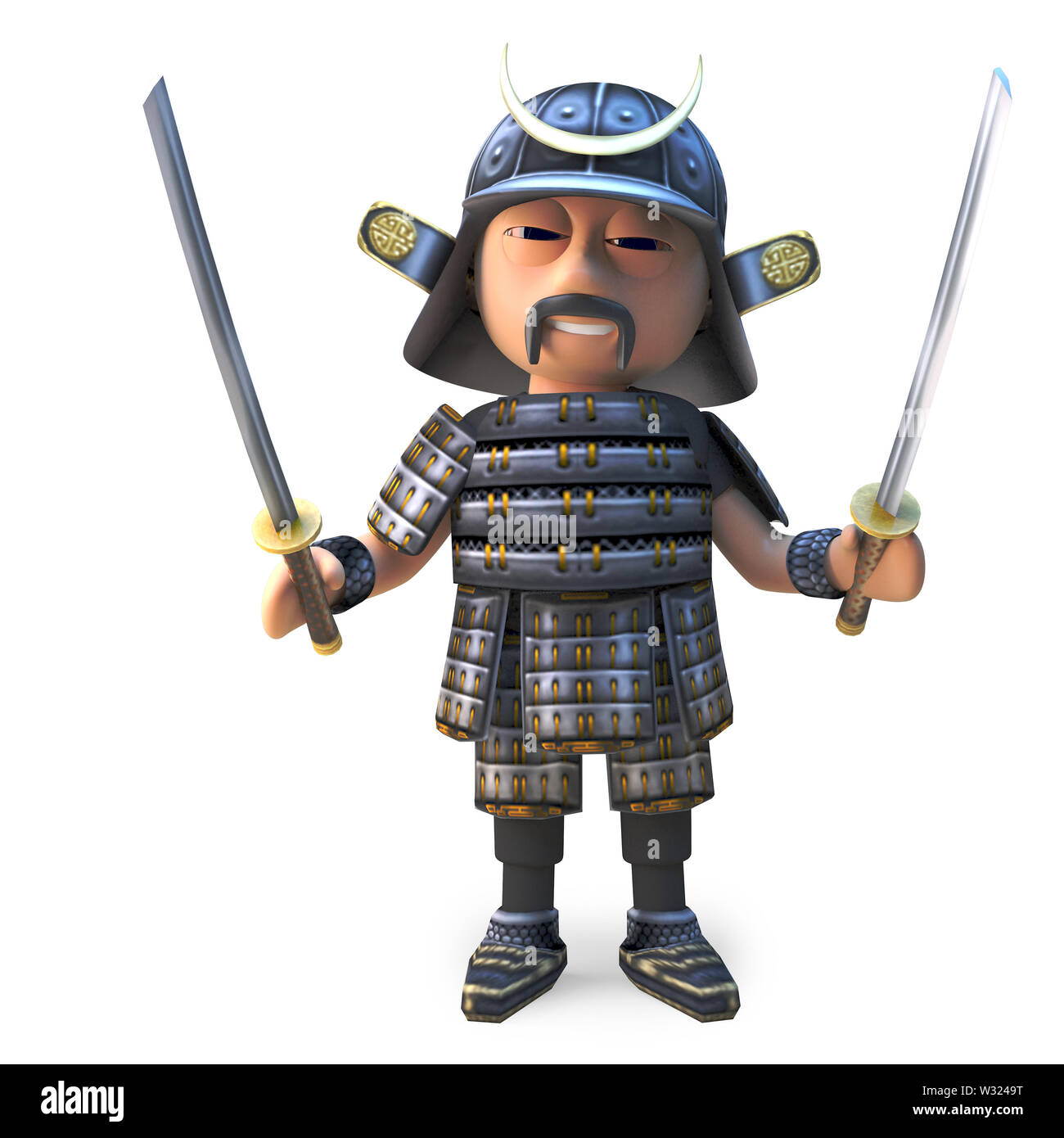 Große japanische Samurai Krieger schwingt zwei mächtigen Katana Schwerter, 3d-Grafik rendern Stockfoto