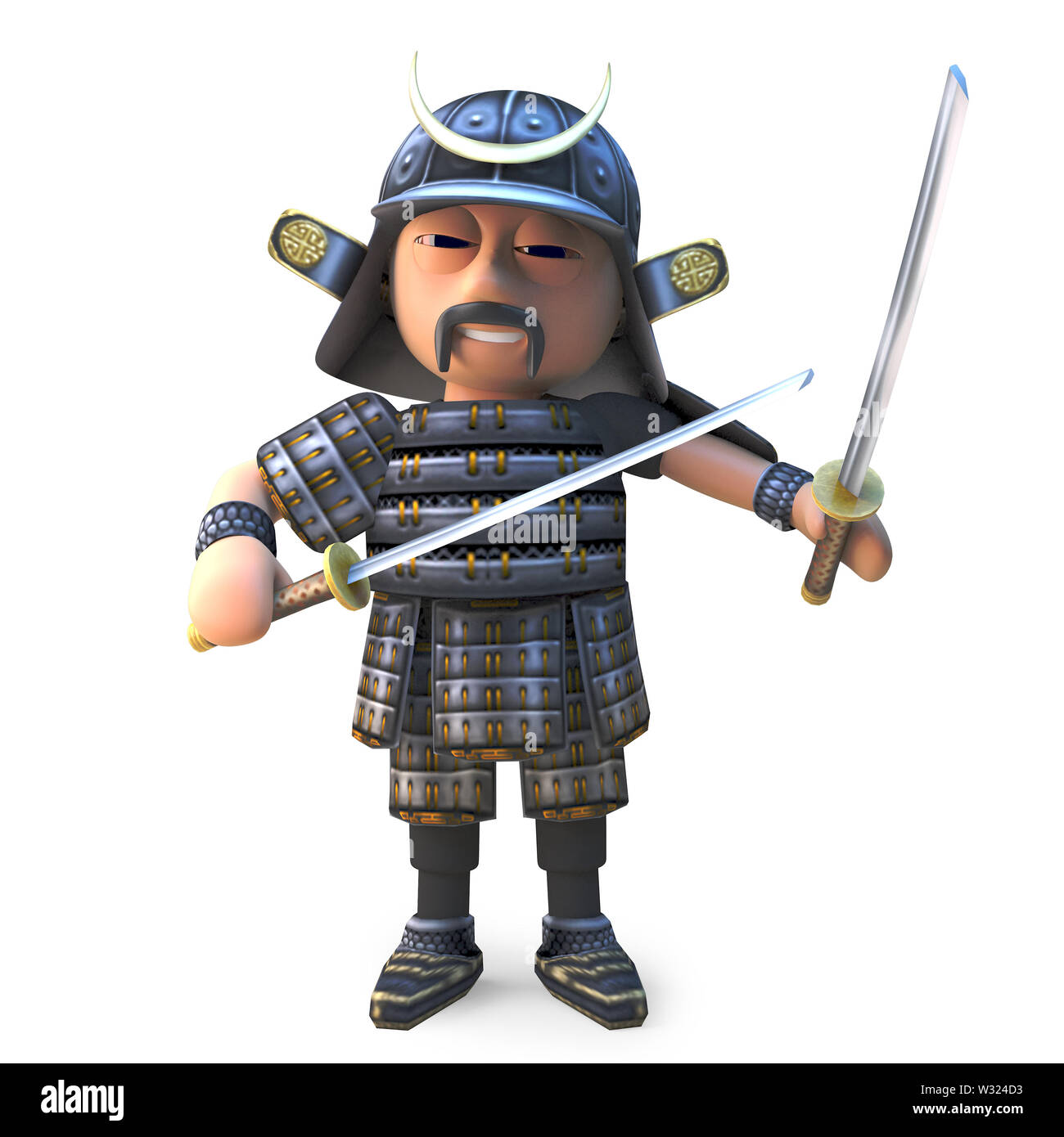 Katana Schwert schwingende Samurai Krieger steht defensiv, 3d-Grafik rendern Stockfoto