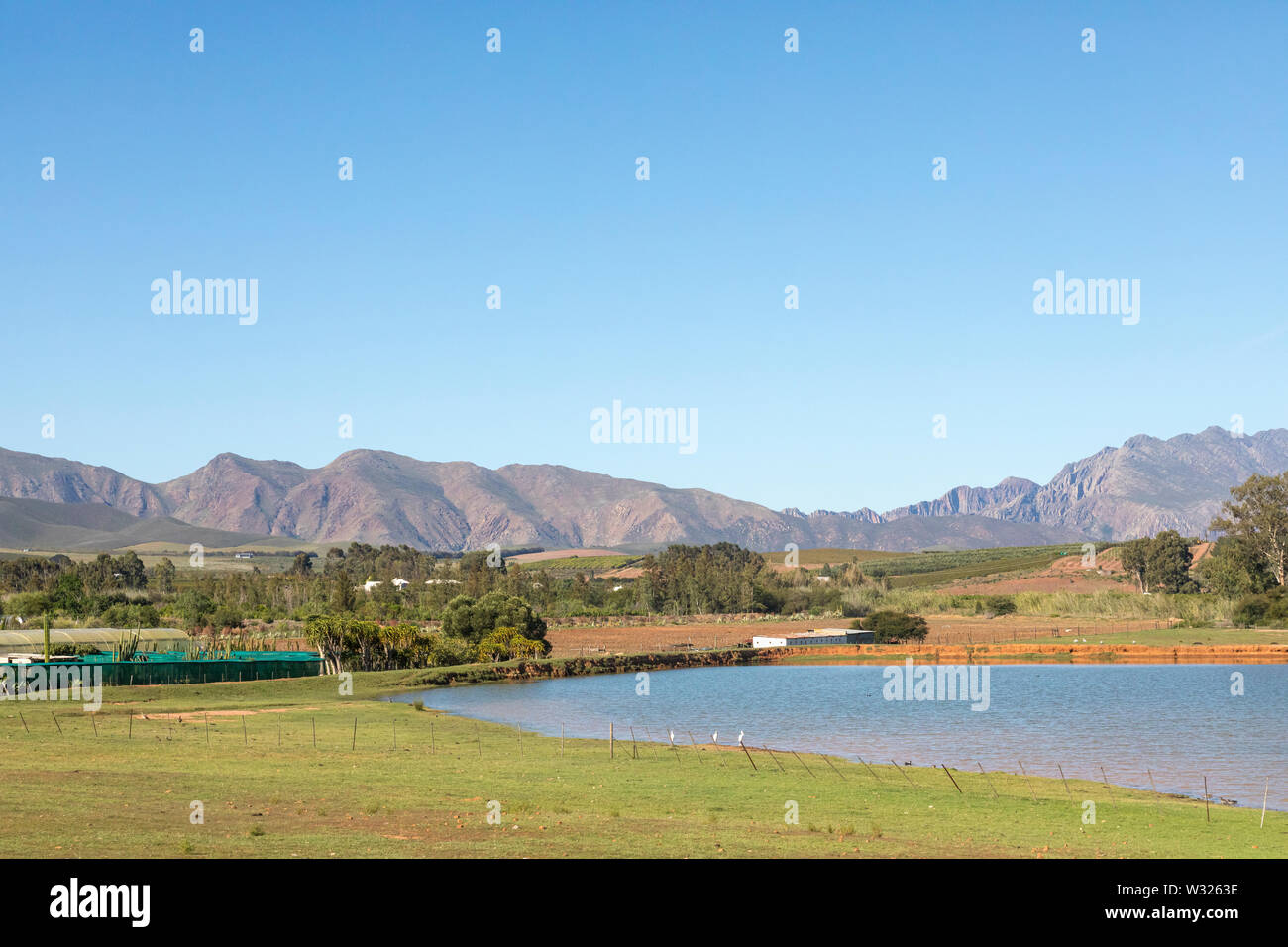 Malerische Kulturlandschaft mit Langeberg Mountains, Robertson, klaasvoogds Meander, Western Cape Town, Südafrika Stockfoto
