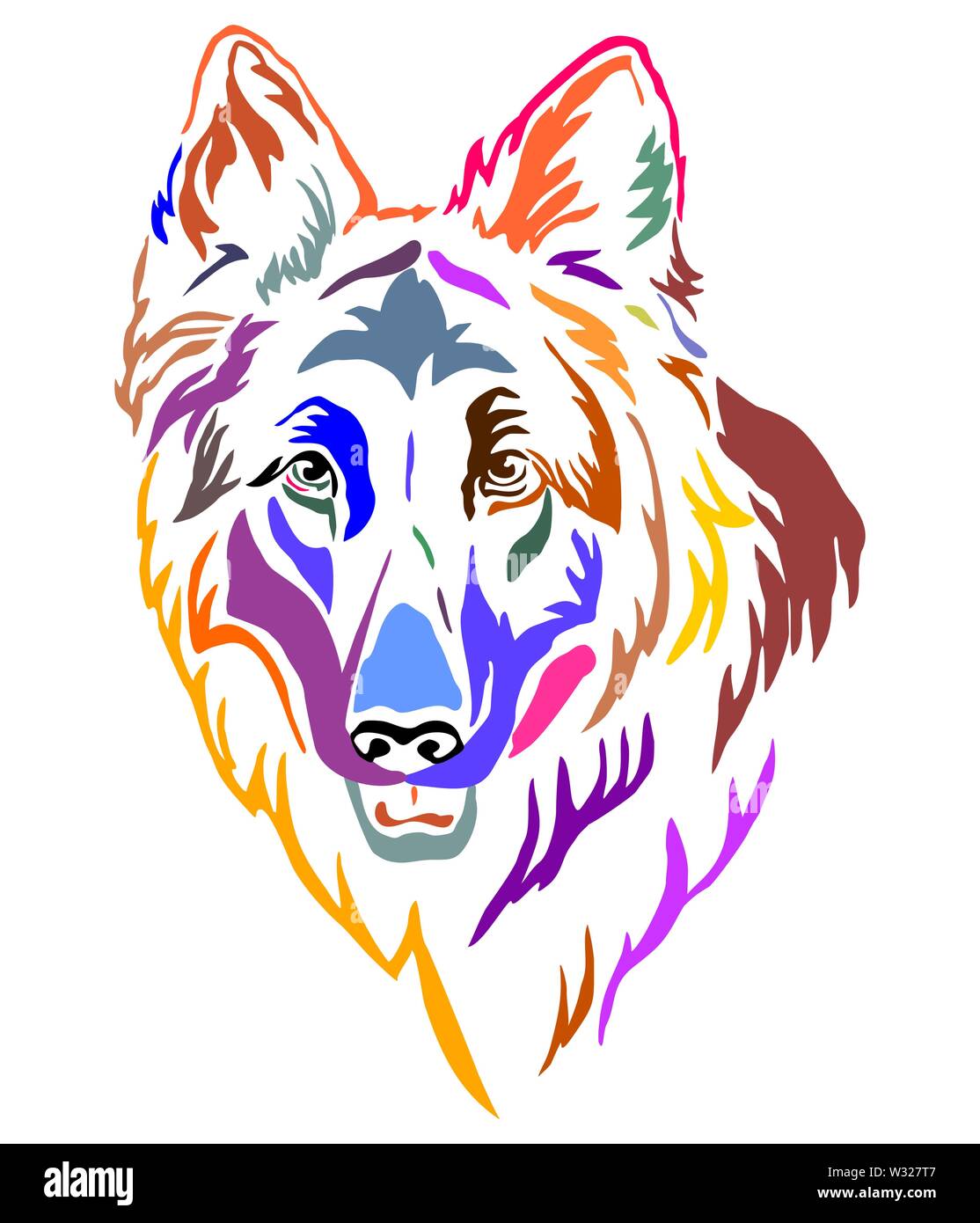 Bunt dekorativ Umrisse Portrait von Langhaarigen Deutscher Schäferhund, Vector Illustration in verschiedenen Farben auf weißem Hintergrund. Bild fo Stock Vektor