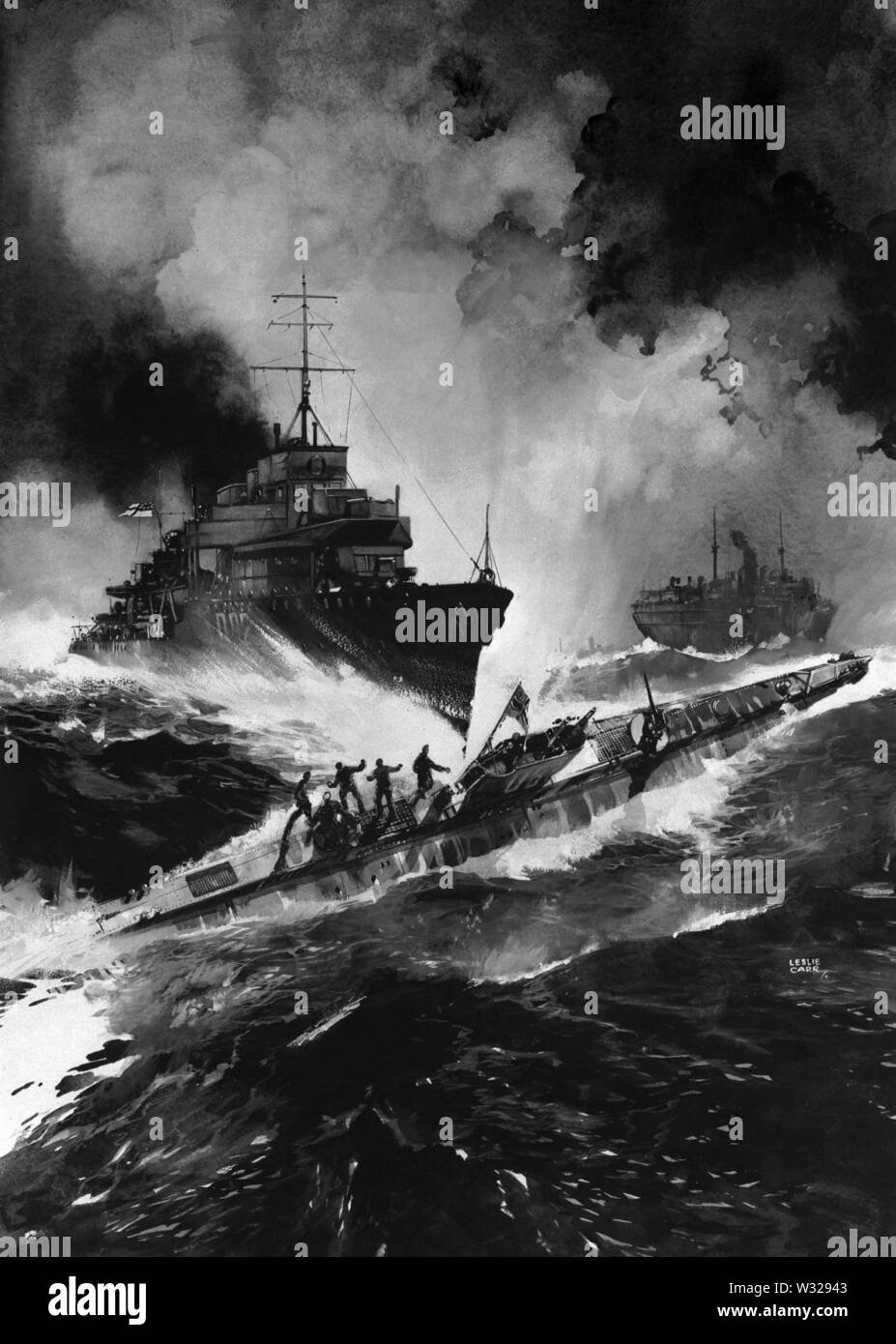 AJAXNETPHOTO. 1918. NORTH ATLANTIC OCEAN. - U-Boot zu sinken - eine dramatische DARSTELLUNG VON DER KÜNSTLERIN LESLIE CARR ZEIGT DIE Zerstörer HMS VISCOUNT (D92) GERAMMT UND sinkt das U-Boot U 87. VISCOUNT WAR EIN V-KLASSE ADMIRALTY DESIGN gebaut von J.I. Bei THORNYCROFT WOOLSTON UND BEAUFTRAGTE IM MÄRZ 1918. Im U-Boot versenkt WURDE ANGEBLICH VON DER ZERSTÖRER WASSERBOMBEN der Veranstaltung. VISCOUNT GERAMMT UND VERSENKT zwei weitere deutsche U-Boote IN AKTIONEN IM ZWEITEN WELTKRIEG FOTO: VT-SAMMLUNG/AJAX REF: VT 9840 Stockfoto