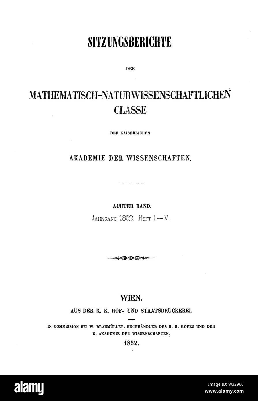 Sitzungsberichte der Mathematisch-Naturwissenschaftlichen Classe der Kaiserlichen Akademie, Christian 1852 Titel Stockfoto
