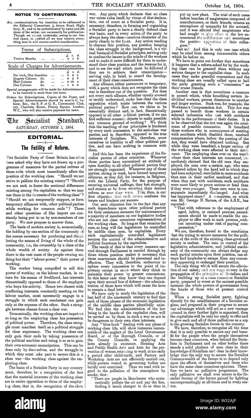 Sozialistische Standard Oktober 1904 Editorial die Sinnlosigkeit der Reform Stockfoto