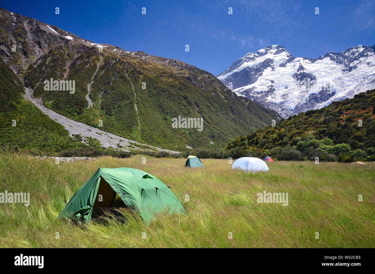 Camping in Hooker Valley, Mt. Aoraki (Mt. Cook), Neuseeland Stockfoto