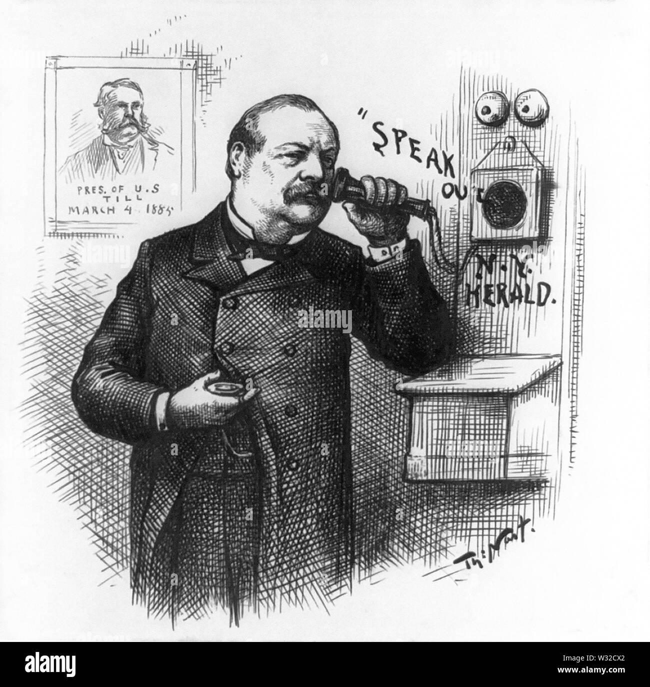 'S peak Out, New York Herald", gewählter Präsident Grover Cleveland Holding Telefonhörer am Ohr, mit Porträt von Präsident Chester A. Arthur mit Untertiteln, "Pres. von USA bis März 4, 1885, Harper's Weekly, Illustration, Thomas Nast, 14. Februar 1885 Stockfoto