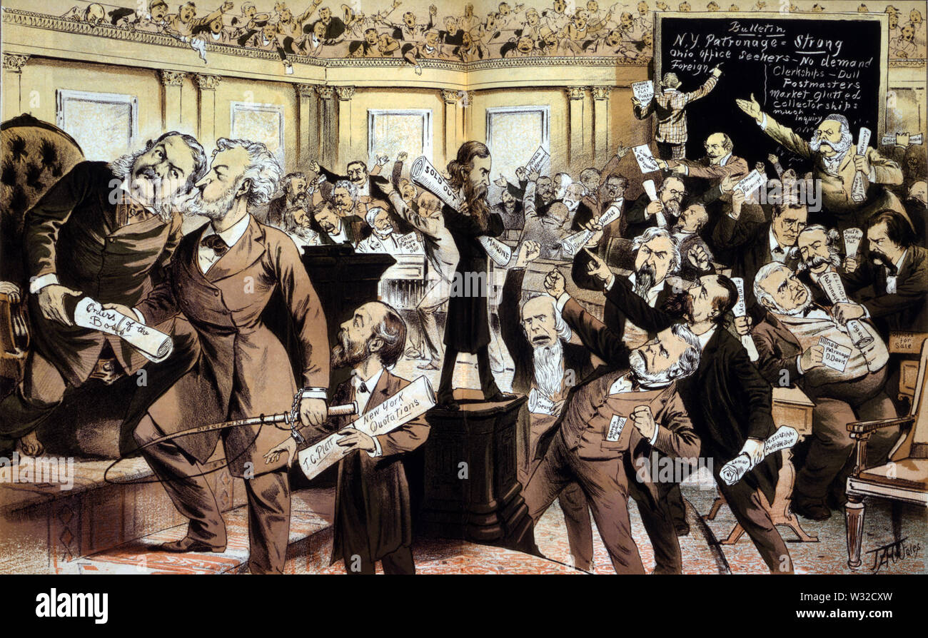 "Dies ist nicht die New York Stock Exchange ist die Schirmherrschaft Exchange, genannt US-Senat', Politische Karikatur mit US-Präsident Chester A. Arthur, Illustration von James Albert Wales, Puck Magazin, 13. April 1881 Stockfoto