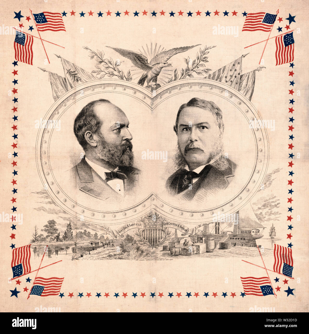 General James A. Garfield & Allgemeine Chester A. Arthur, Kampagne Fahne während 1880 Präsidentschaftswahlen, Lithographie, Joseph Laing, 1880 Stockfoto
