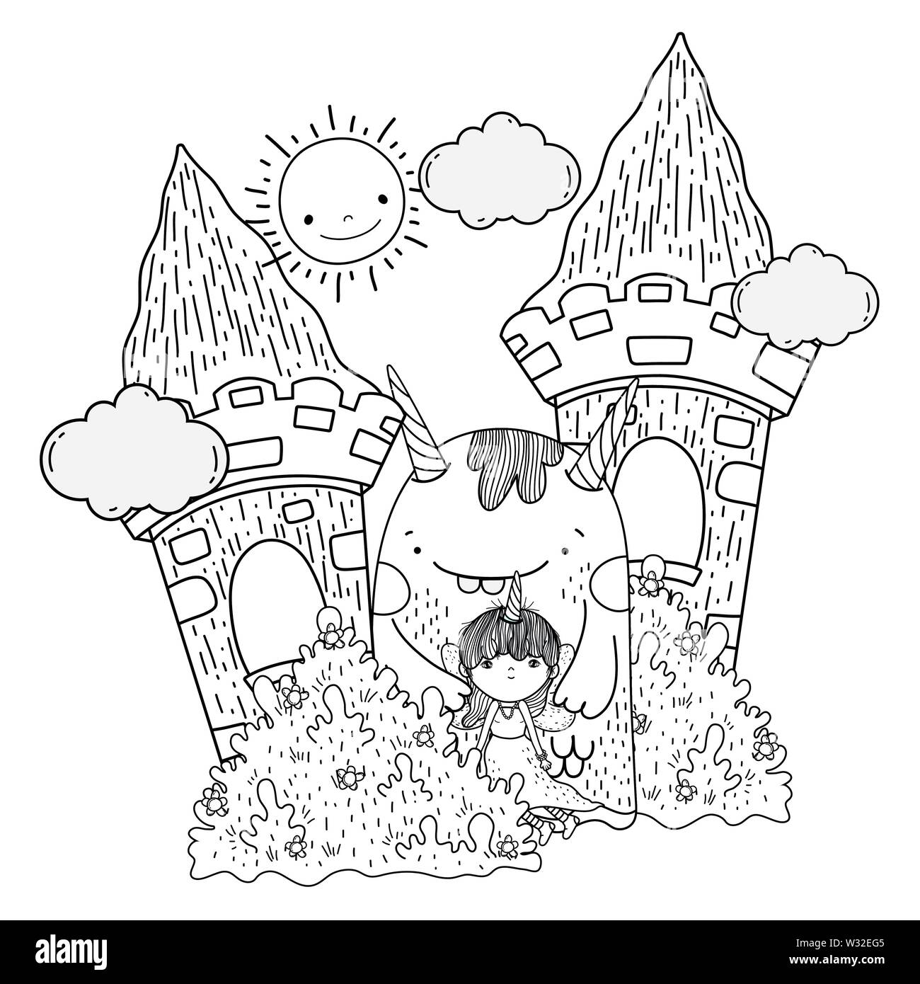 Kleine Fee mit Monster in der Burg Vector Illustration Design Stock Vektor