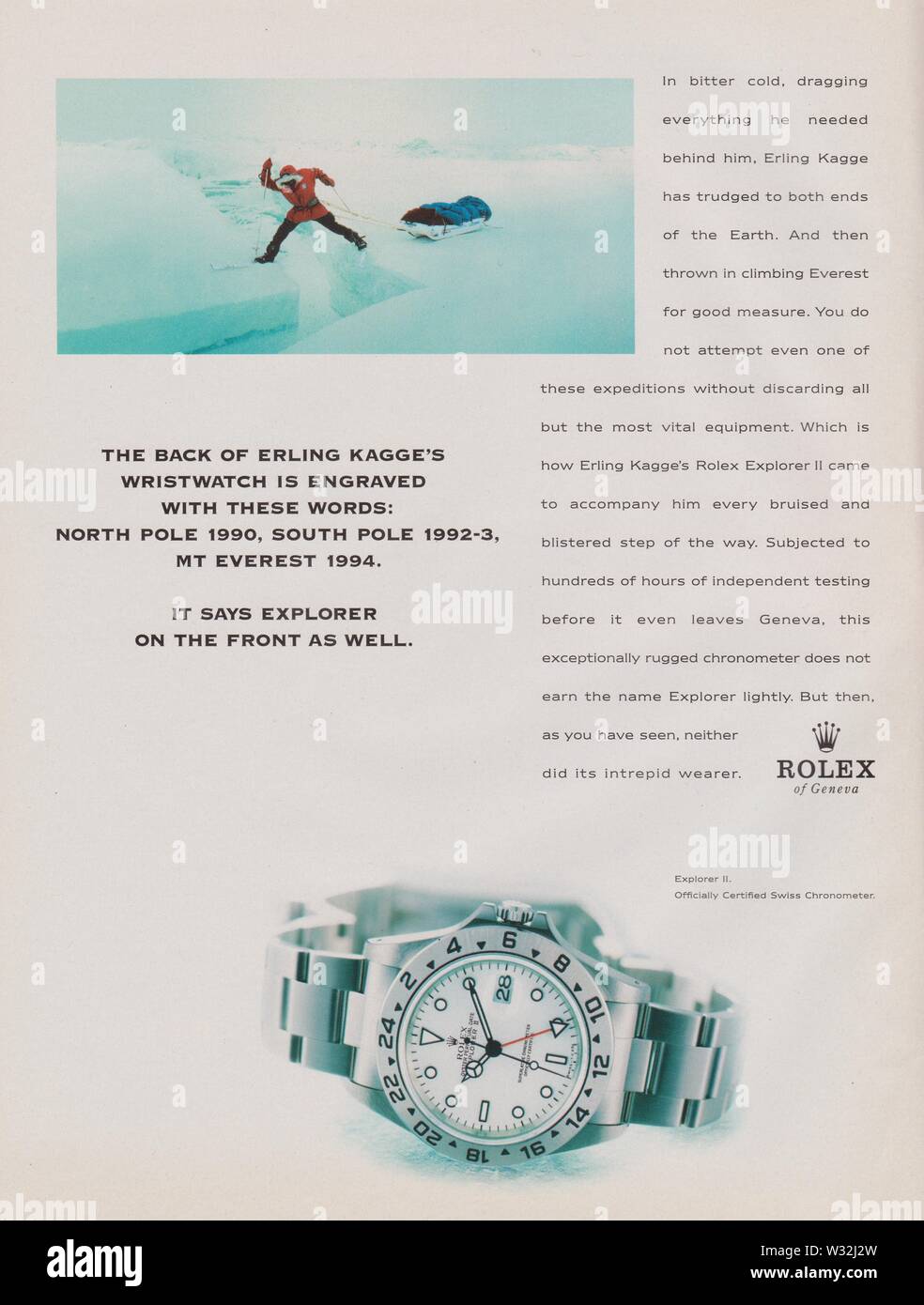 Plakat werbung Rolex Oyster Perpetual Explorer II watch im Magazin von 1998 Jahr, Slogan, Werbung, kreative Rolex Werbespot von 1990 s Stockfoto