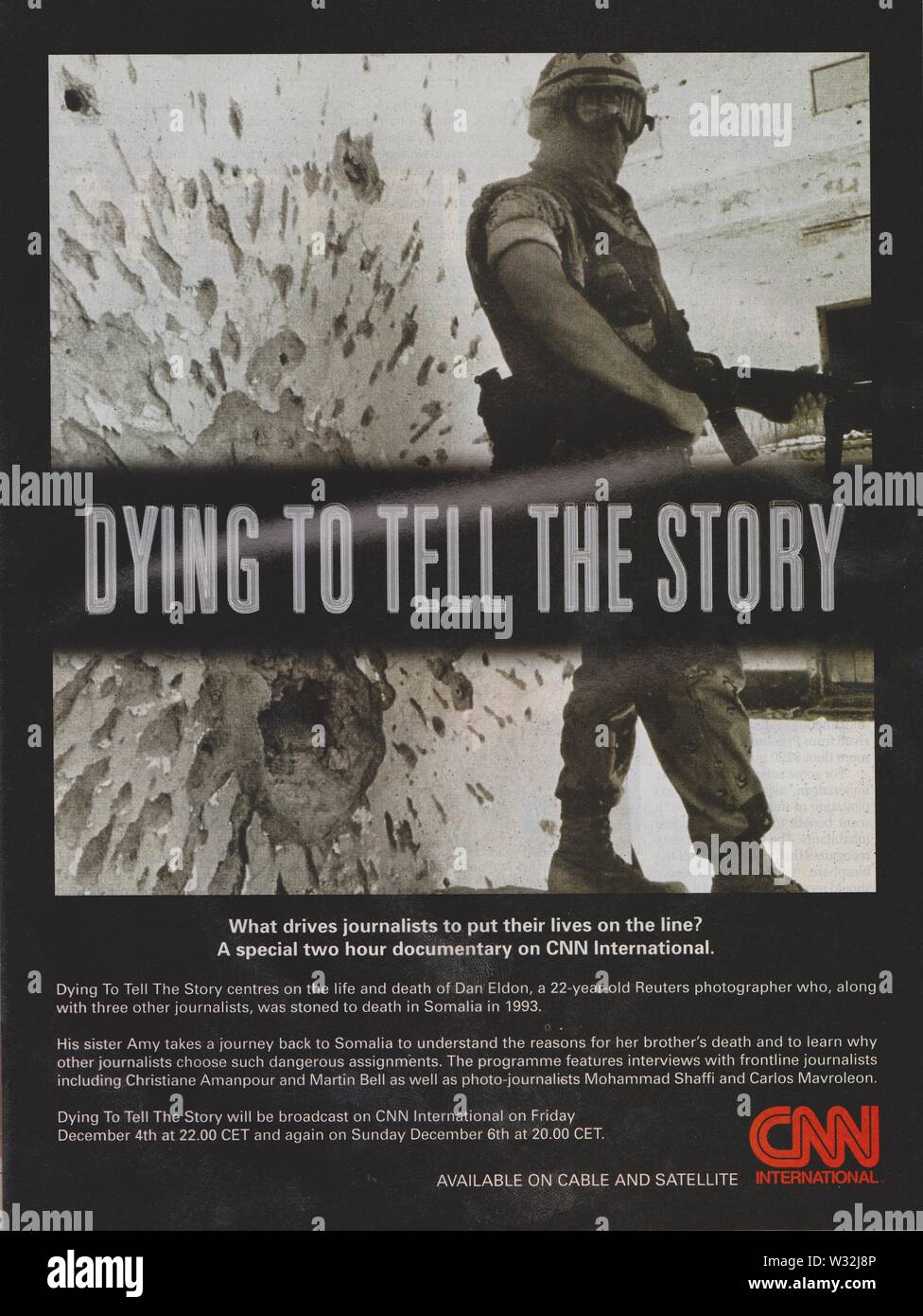 Poster Advertising Cable News Network (CNN) in Papiermagazin aus 1998 Jahren, Werbung, kreative CNN-Werbung aus den 1990er Jahren Stockfoto