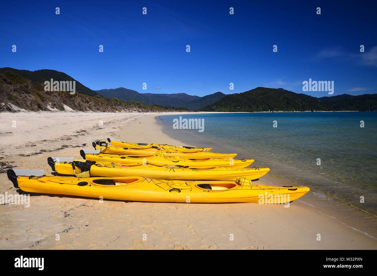 Kajakvermietung im Abel Tasman National Park Stockfoto