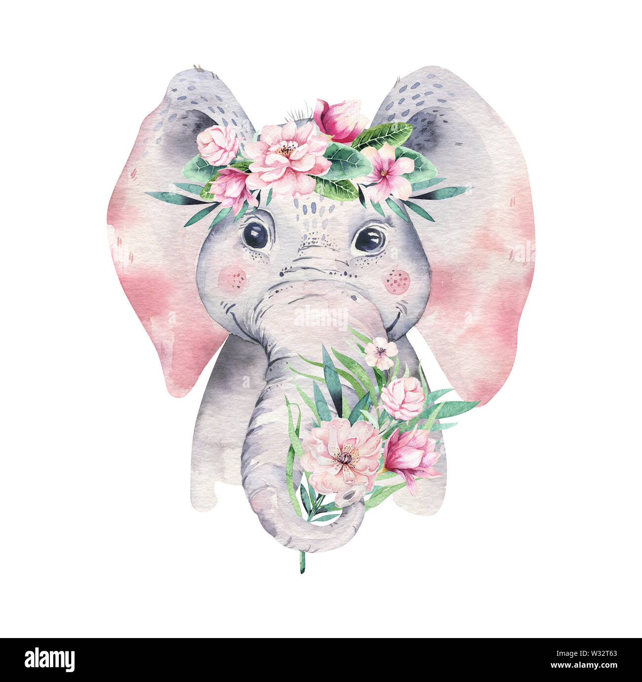 Ein Plakat mit einem Baby Elefant. Aquarell cartoon Elefant tropische Tier  Abbildung. Dschungel exotisch Sommer design Stockfotografie - Alamy
