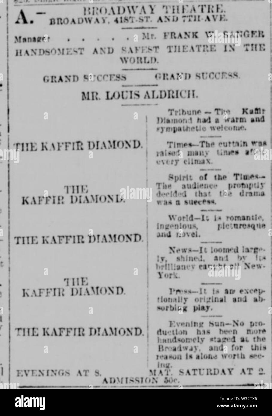 Die kaffir Diamond New York Tribune vom 23. September 1888 Stockfoto