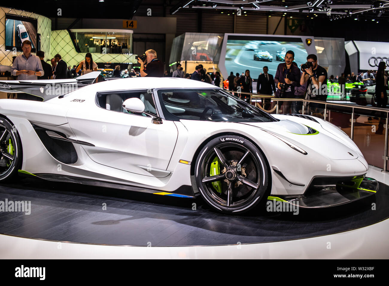 Genf, Schweiz, März 2019 Weiß Metallische Koenigsegg Jesko am Genfer Autosalon, Sportwagen von Koenigsegg Automotive AB gebaut Stockfoto