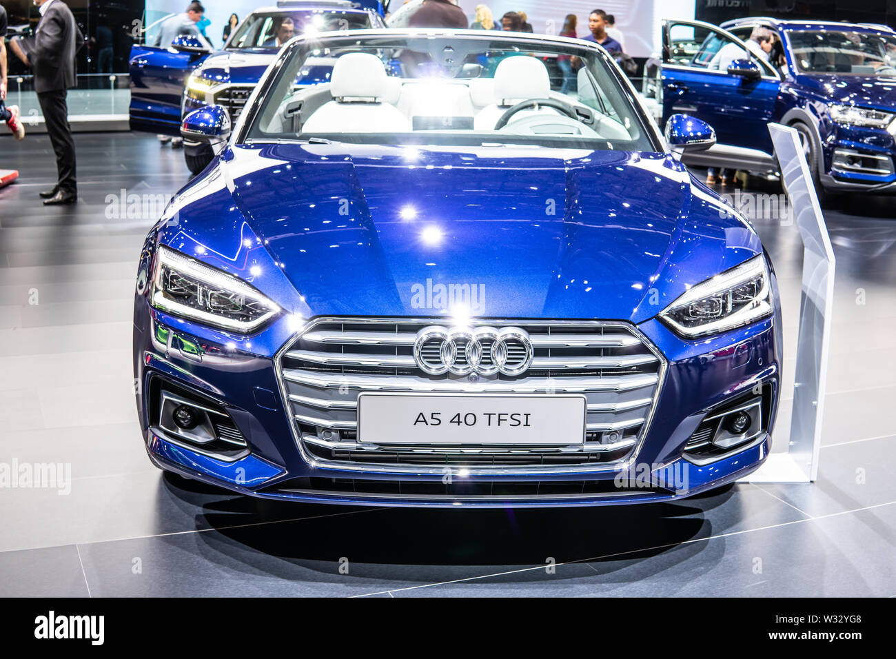 Genf, Mar 2019 40 TFSI Audi A5 Cabriolet, Geneva International Motor Show, 2. Generation, 9. gen. MLB Plattform, kompakte executive Cabrio von Audi produziert Stockfoto