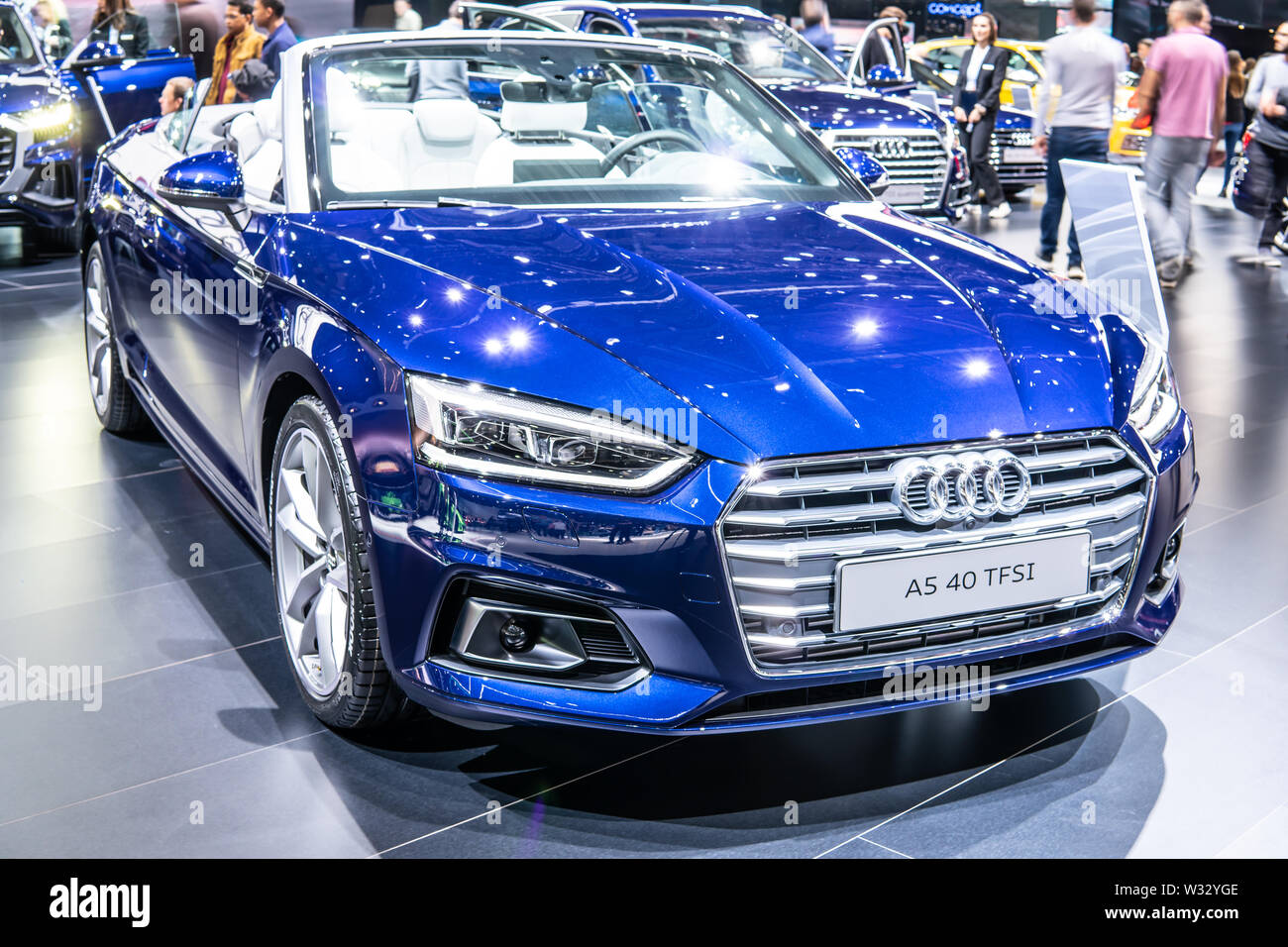 Genf, Mar 2019 40 TFSI Audi A5 Cabriolet, Geneva International Motor Show, 2. Generation, 9. gen. MLB Plattform, kompakte executive Cabrio von Audi produziert Stockfoto