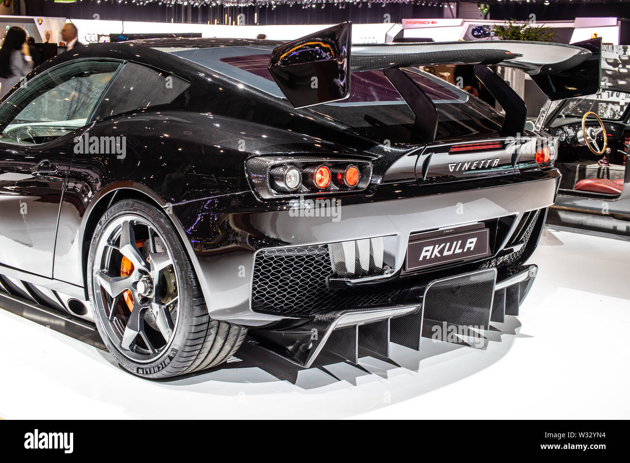 Genf, März 2019 schwarz Ginetta Akula, Genfer Autosalon, Quattro Sportwagen gebaut von British Racing - auto Hersteller Ford Stockfoto