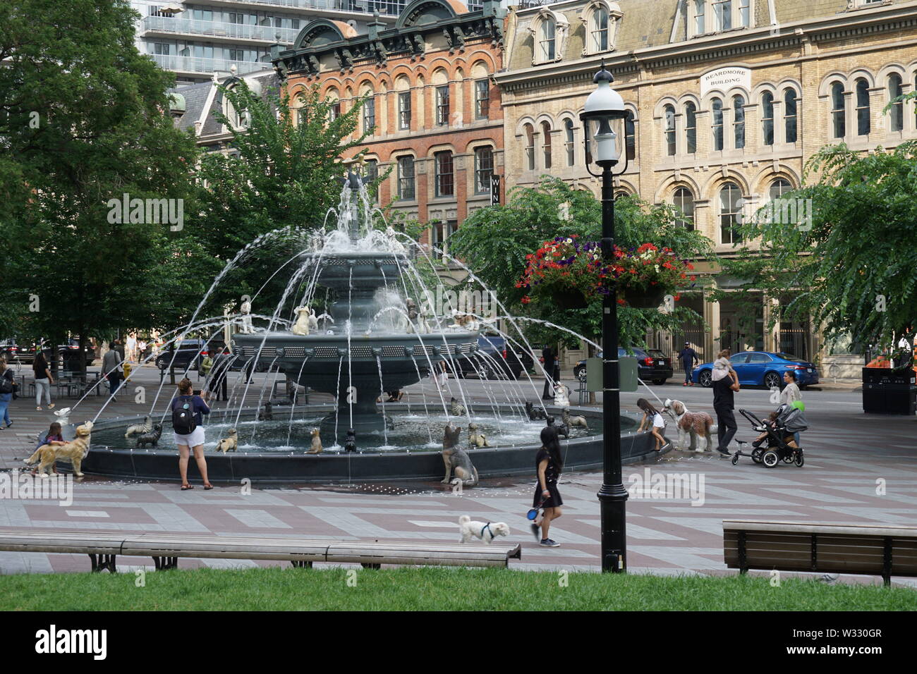 TORONTO - Juli 2019: Der Hund Brunnen in Berczy Park in der Nähe von Toronto's Financial District, mit 1870s Bügeleisen Gebäude im Hintergrund. Stockfoto