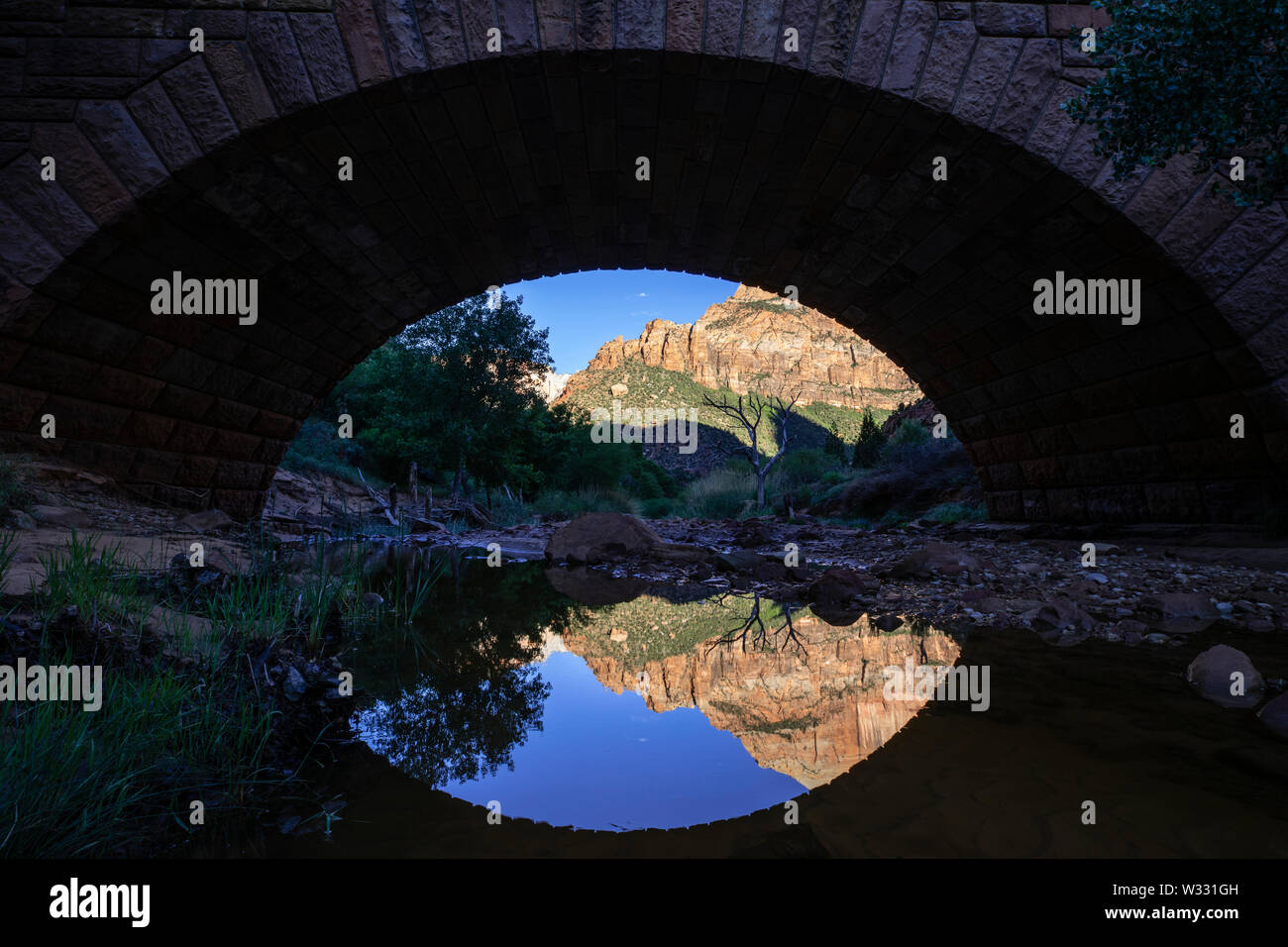 Reflexionen unter Virgin River Bridge in Zion National Park, Utah, Vereinigte Staaten von Amerika Stockfoto